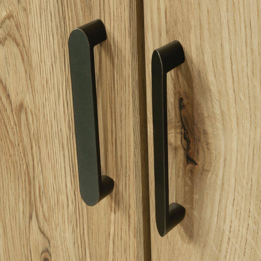 Timber Oak Storage Cabinet with Adjustable Shelving and Black Hardware