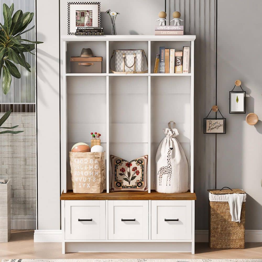 40.2 in. W x 17 in. D x 65.4 in. H White Wood Hall Tree with Entryway Bench
