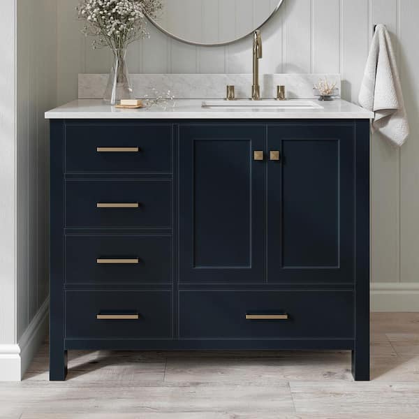 ARIEL Cambridge 43 in. W x 22 in. D x 35.25 in. H Vanity in Midnight Blue with Carrara White Marble Vanity Top with Basin