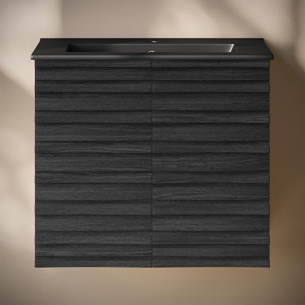Swiss Madison Cascade 24" Wall-Mounted Bath Vanity in Black Oak with Black Ceramic Sink Top