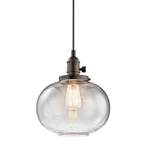 Avery 9.75 in. 1-Light Olde Bronze Farmhouse Shaded Kitchen Globe Mini Pendant Hanging Light with Clear Seeded Glass