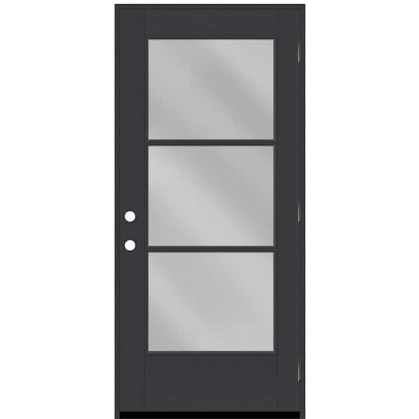 Legacy 36 in. x 80 in. Icon 3-Lite Modern Clear Glass LHOS Black Fiberglass Prehung Front Door