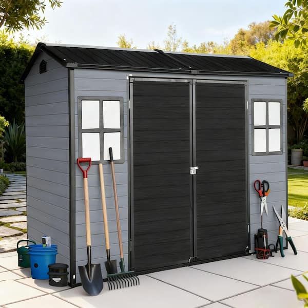 8 ft. W x 4 ft. D Gray Outdoor Resin Shed with Floor, 2 Windows, Lockable Door for Garden Tools, Bicycles (32 sq. ft. )