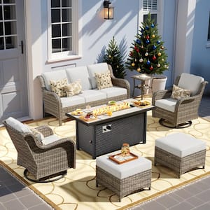 Yosemite Gray 7-Piece Wicker Patio 54 in. Rectangle Fire Pit Conversation Set with Gray Cushions and Swivel Chairs