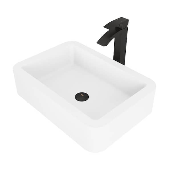 VIGO Matte Stone Petunia Composite Rectangular Vessel Bathroom Sink in White with Faucet and Pop-Up Drain in Matte Black