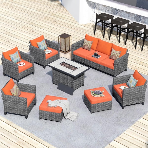 OVIOS New Star Gray 8-Piece Wicker Patio Rectangle Fire Pit Conversation Seating Set with Orange Red Cushions