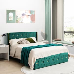 Green Wood Frame Full Size Platform Bed with Adjustable Headboard