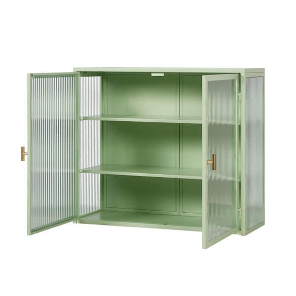 FUNKOL 27.56 in. Mint Green Modern Glass 2-Door 2-Shelf Wall Cabinet with Featuring 3-Tier Storage for Bathroom and Kitchen