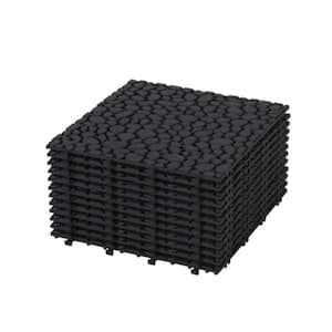 12 in. x 12 in. Square Black Plastic Outdoor Interlocking Deck Tiles Pebble Stone Pattern Waterproof Anti-Slip (12-Pack)