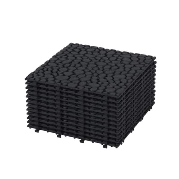 ITOPFOX 12 in. x 12 in. Square Black Plastic Outdoor Interlocking Deck Tiles Pebble Stone Pattern Waterproof Anti-Slip (12-Pack)