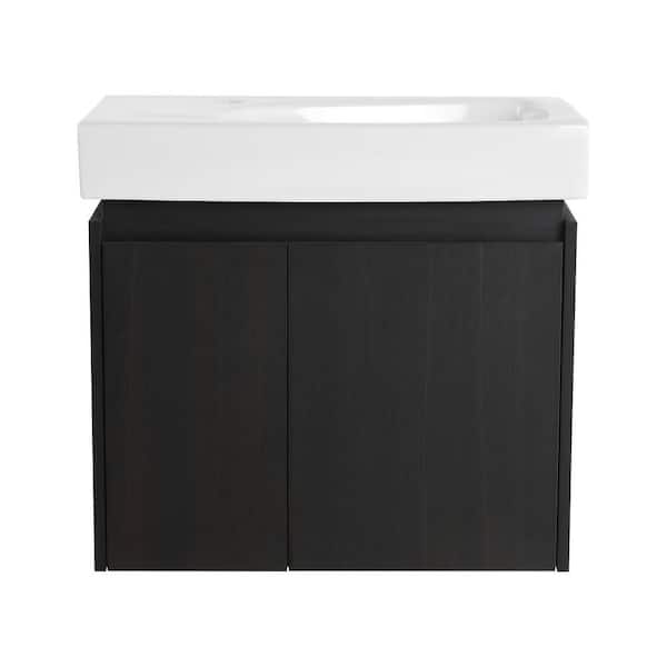 Modland Lesta 23 in. W x 14 in. D x 21 in. H Single Sink Wall Mounted Soft Closing Bath Vanity in Black Oak with White Resin Top