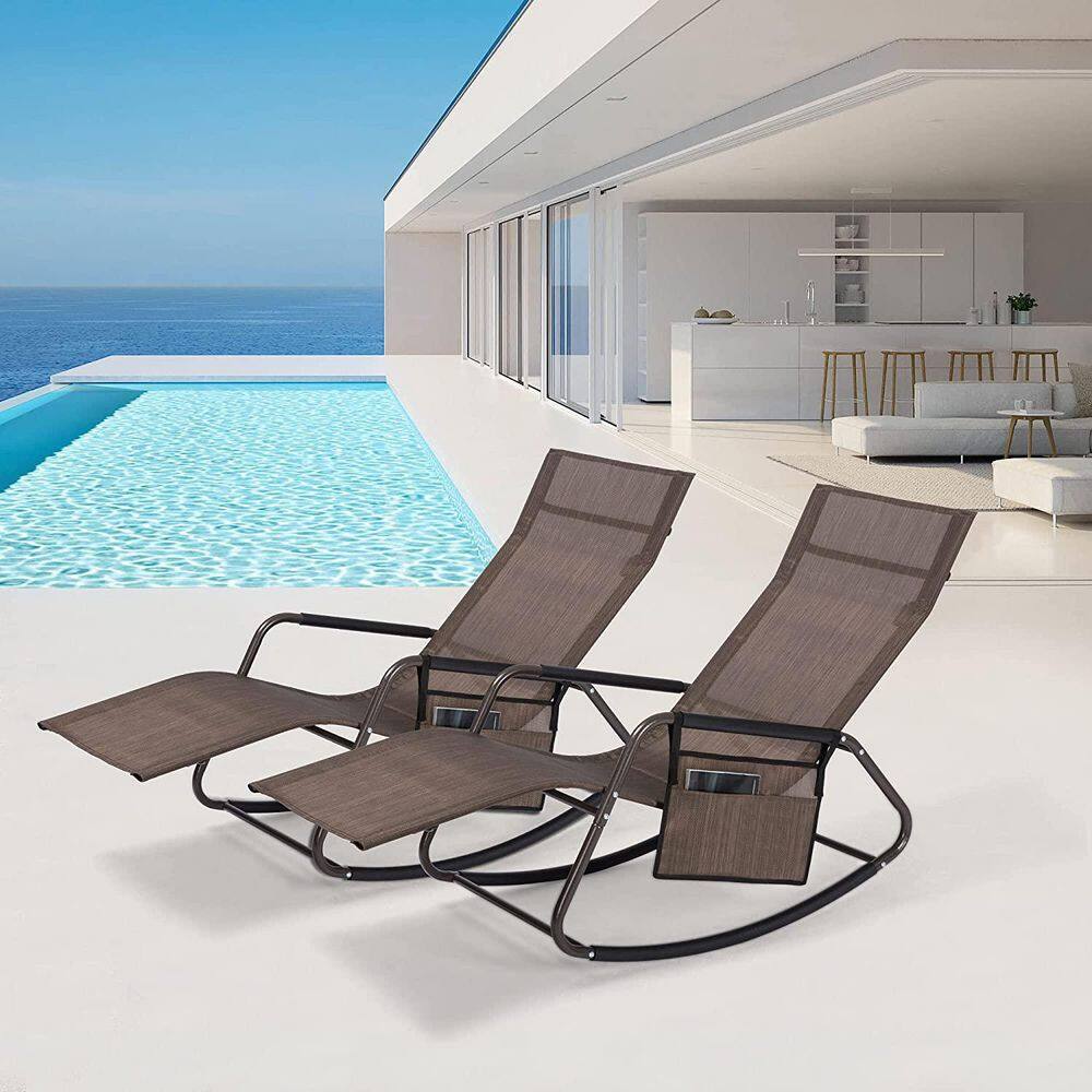 Fabric Metal Lounge Chairs with Side Pocket for Patio, Lawn, Pool, Outdoor 
