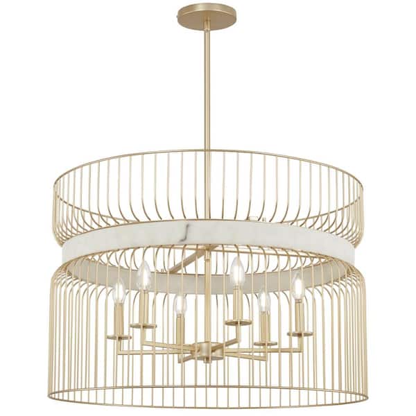 Minka Lavery Park Slope 60-Watt 6-Light Nouveau Gold Cage Pendant Light with Faux Alabaster Ring and No Bulbs Included