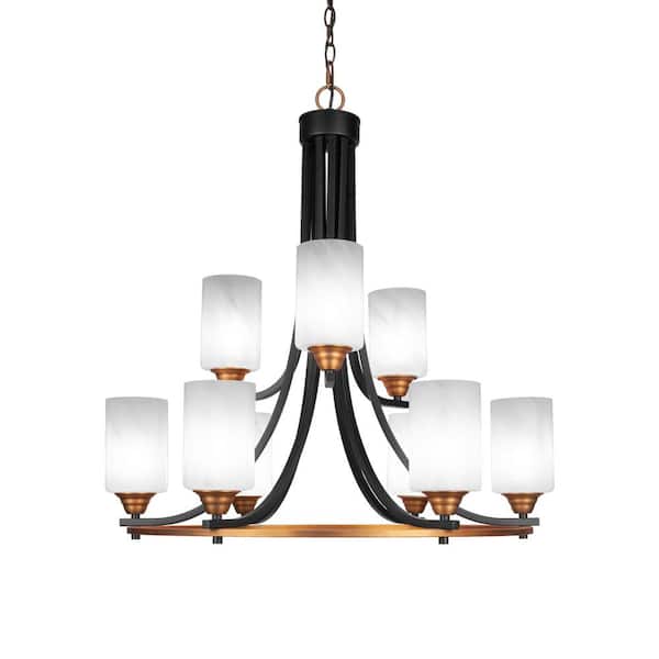 Unbranded Madison 9-Light Matte Black and Brass Round Chandelier with 4 in. White Marble Glass Shades, No bulbs included