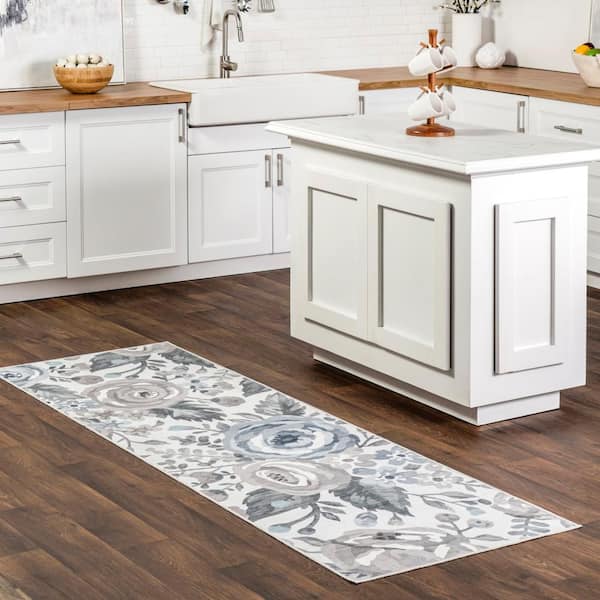 Tiffani Floral Machine Washable Spill-Proof Ivory 2 ft. 6 in. x 6 ft. Transitional Runner Rug