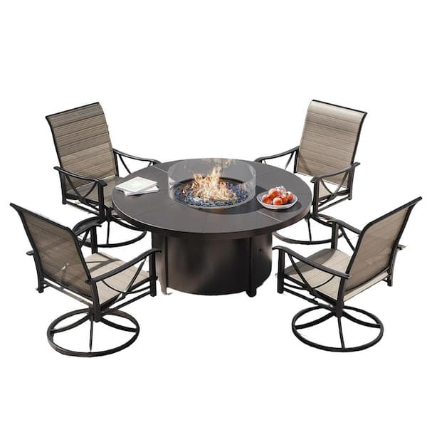 5-Piece Metal Patio Conversation Set with 40,000 BTU Round Fire Pit Table, 4 Swivel Chairs and Textilene Fabric