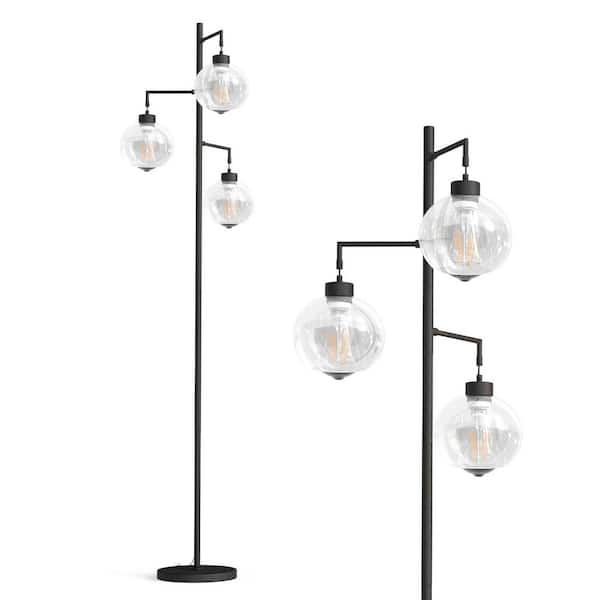 Avex 67 in. Black Modern 3-Light Tree Floor Lamp with Foot Switch and Glass Shade