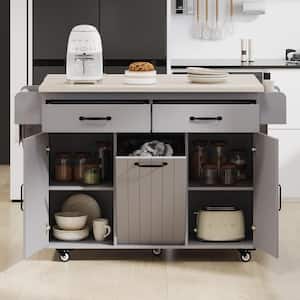Gray Wood 51 in. Kitchen Island with Trash Can Storage Cabinet, Spice Rack, Towel Rack, Wheels, Adjustable Shelf