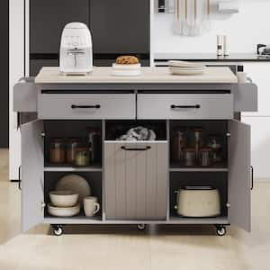 Gray Wood 51 in. Kitchen Island with 5 Wheels and 2 Drawers, Towel Rack, Trash Can Storage Cabinet, Drop Leaf