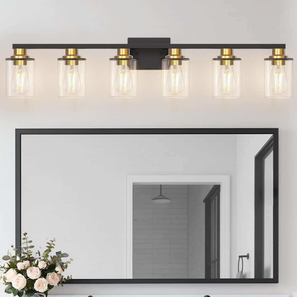 40 in. 6-Light Black and Gold Cylinder Glass Shade Vanity Light for Bathroom with Dimmable No Bulbs Included price history on PriceWatchPro