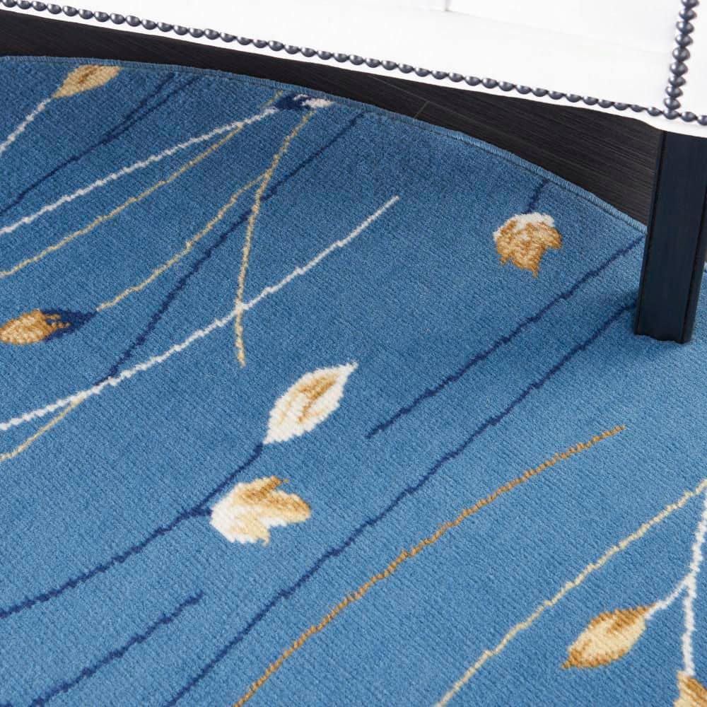 Light Blue Floral Round Synthetic Area Rug 5'3"