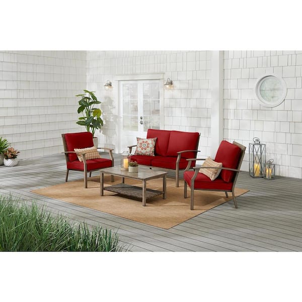 Hampton Bay Geneva 4-Piece Wicker Outdoor Patio Conversation Deep Seating Set with CushionGuard Chili Red Cushions