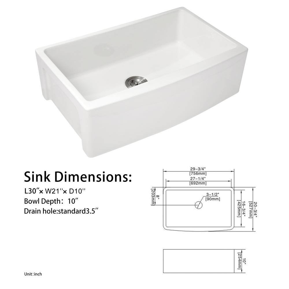 30'' Glossy White Ceramic Farmhouse Apron-Front Single Bowl Kitchen Sink