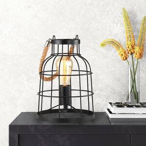 10.6 in. Rustic Black Small Accent Table Lamp with Jute Rope Handle
