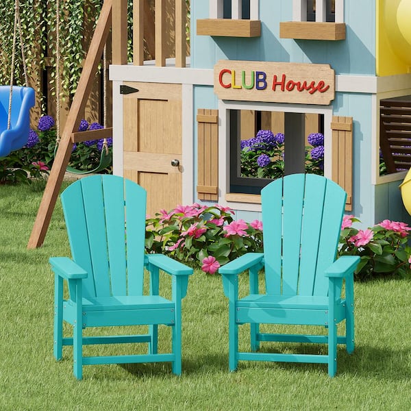 Children's Laguna Set of 2 Outdoor Patio All Weather Fade Resistant Kids Poly Plastic Adirondack Chairs in Turquoise