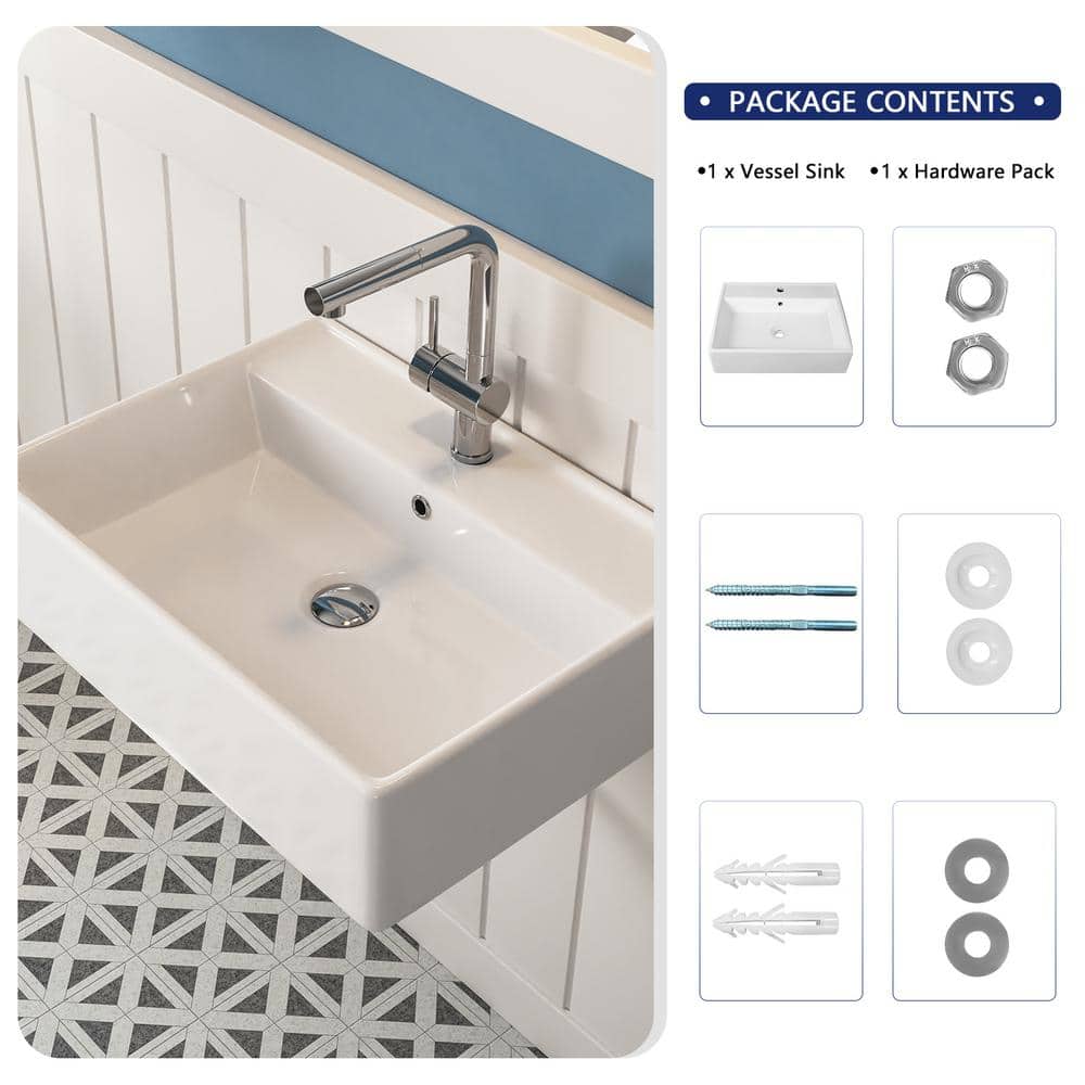 23'' White Ceramic Rectangular Wall-Mount Bathroom Sink