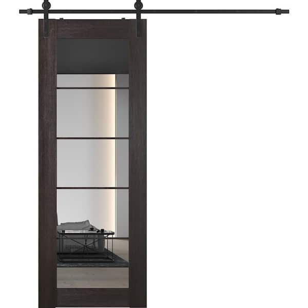 Vona 5 Lite 36 in. x 96 in. 5-Lite Mirrored Glass Veralinga Oak Wood Composite Sliding Barn Door with Hardware Kit