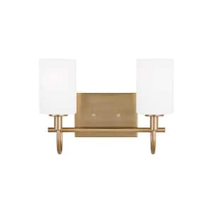 Oak Moore 13.875 in. 2-Light Satin Brass Vanity Light with LED Bulbs and Etched/White Glass Shades