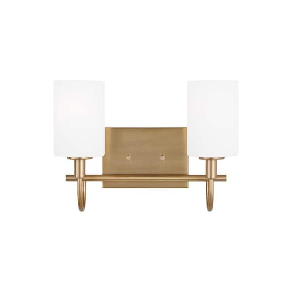Generation Lighting Oak Moore 13.875 in. 2-Light Satin Brass Vanity Light with LED Bulbs and Etched/White Glass Shades