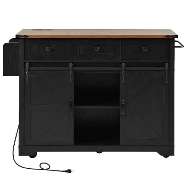 Unbranded Black Particle Board Kitchen Cart with 2 Sliding Door Cabinet, Spice Rack, Drop Leaf and Towel Rack