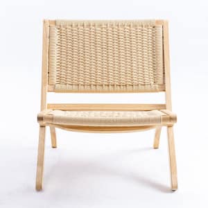 22.8 in Beige Wide Mid-century Folding Wood Accent Chair Boho Modern Lounge Chair with Solid Wood Frame Indoor