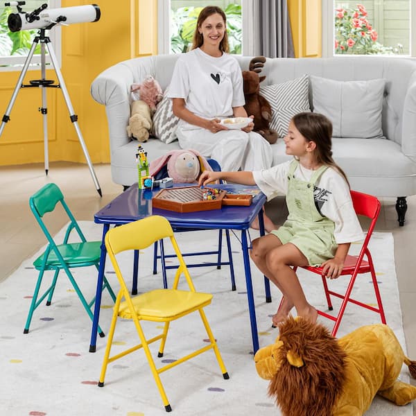 Page Color 5-Piece Folding Plastic Kids Square Table Top and 4-Chairs Set, Multicolor and Writing Desk Set