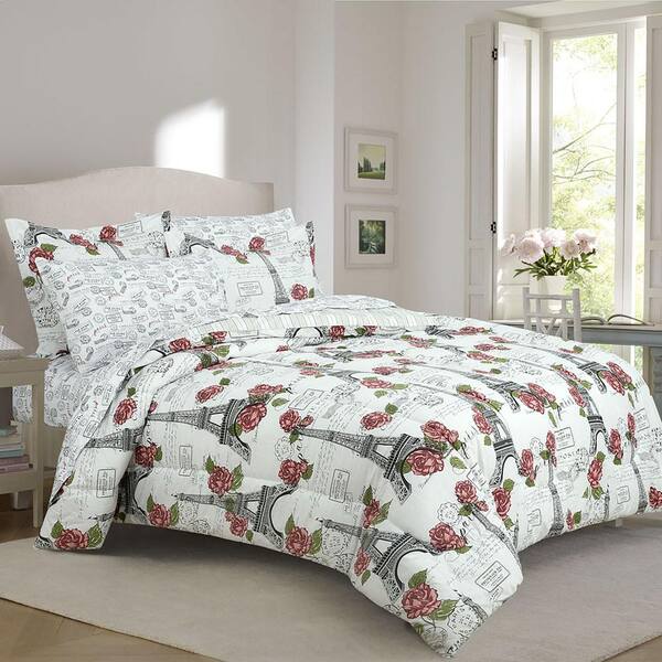 Royale Linens Paris Rose Eiffel Tower Multicolored King Bed In A Bag With Reversible Comforter 9234 044 0997 The Home Depot Royale Linens Paris Rose Eiffel Tower, Eiffel Tower Bedding Set King Size
