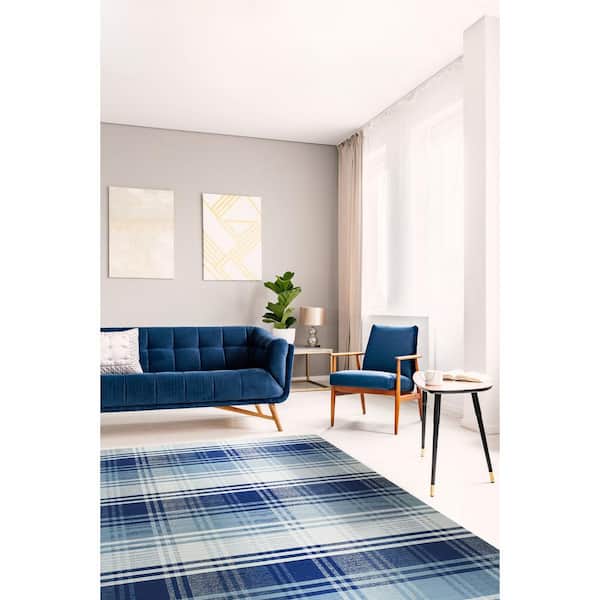 EORC Blue 10 ft. x 14 ft. Hand-Woven Wool Modern plaid Rug Area Rug