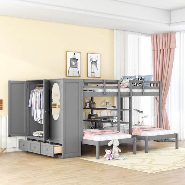 Polibi Gray Full-Over-Twin-Twin Bunk Bed with Shelves, Wardrobe and Mirror