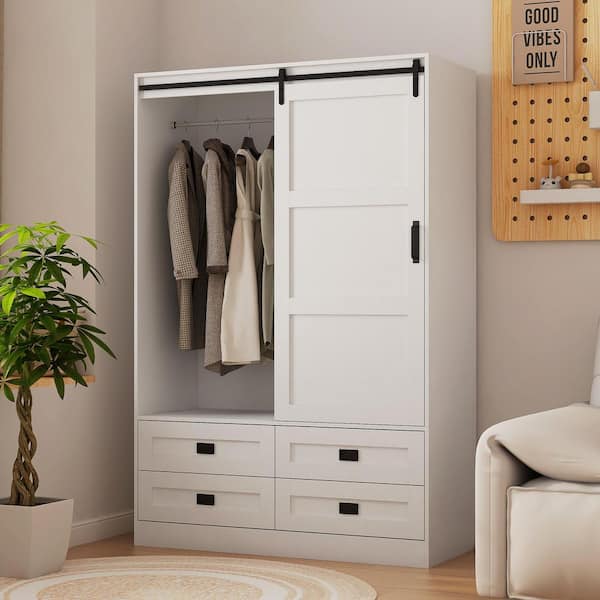 Mighty White 70.86 in. Tall Bedroom Closet Clothing Storage Cabinet with Hanging Rod Barn Door, Drawers, Shelves