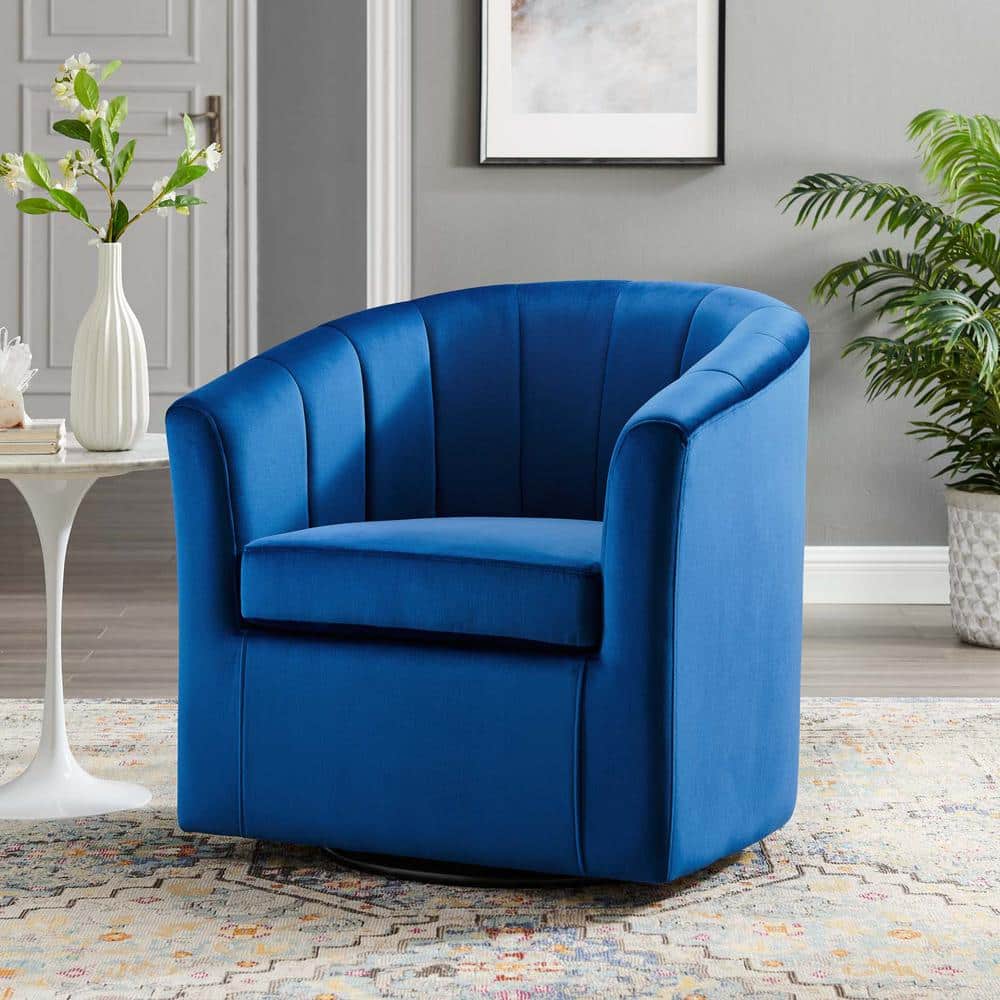 Navy Velvet Swivel Barrel Accent Chair with Wood Base