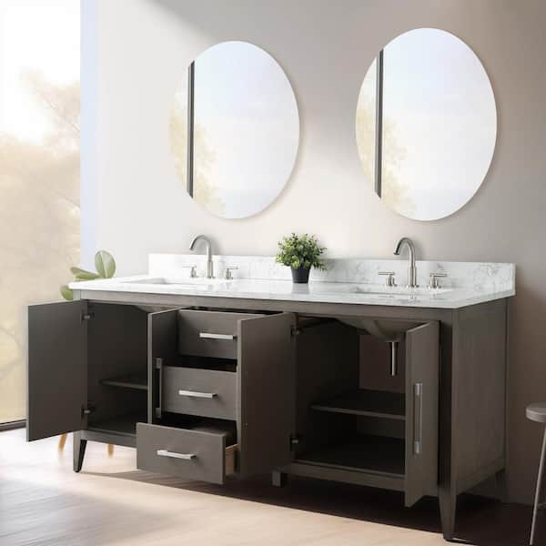 Vanity Art 72 in. W. x 22 in. D x 34 in. H Double Sink Bathroom Vanity Cabinet Driftwood Gray with Engineered Marble Top in White