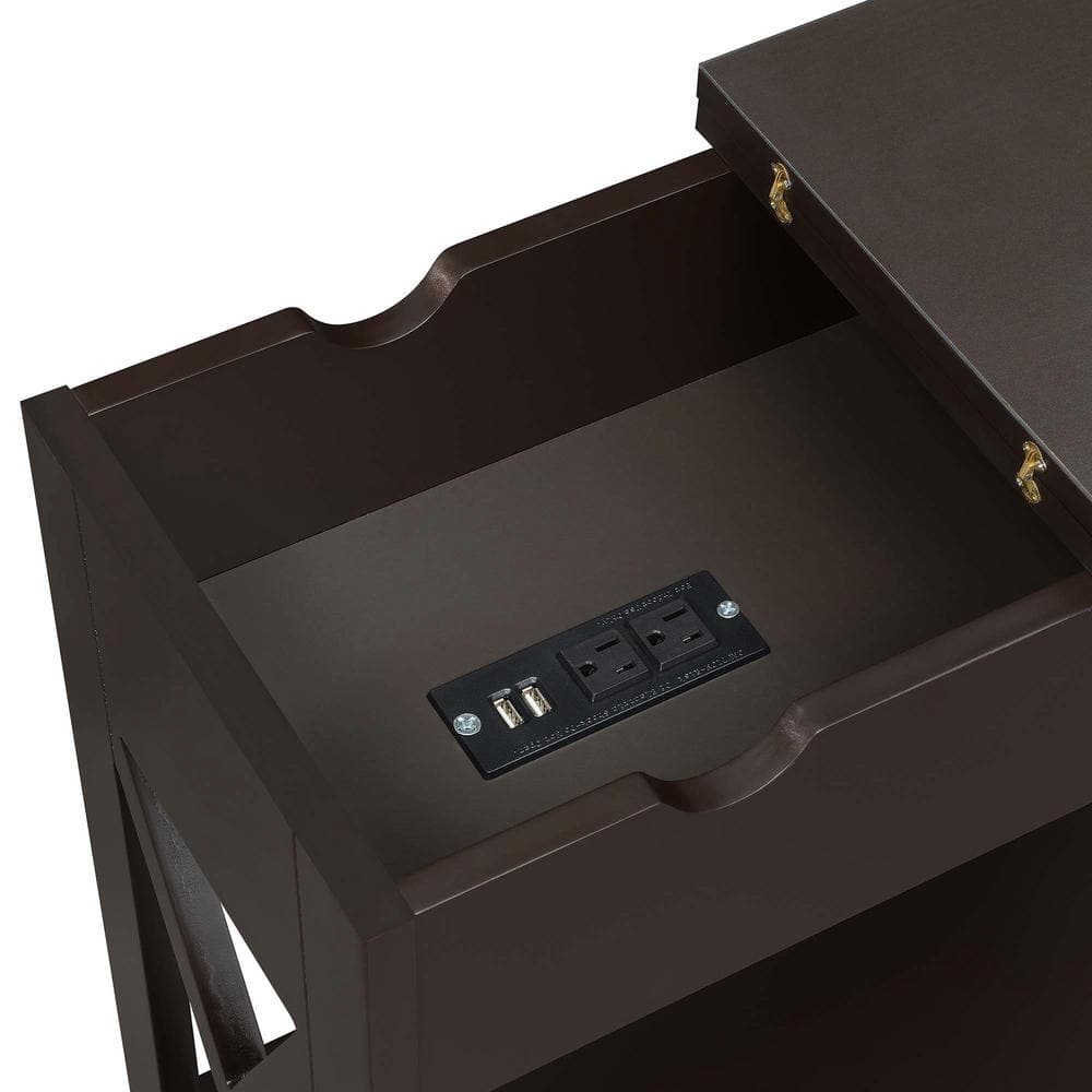 Espresso Wood End Table with Storage and Charging Station