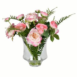 16 in. Dark Pink Artificial Rose Floral Arrangement in Glass Pot