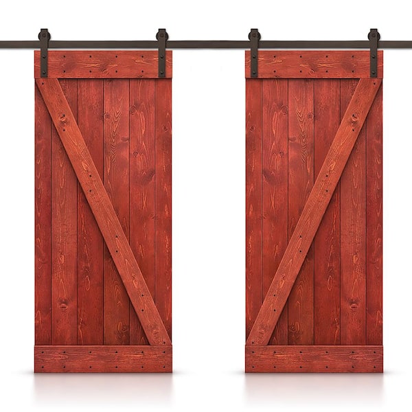 CALHOME Z 56 in. x 84 in. Bar Series Cherry Red Stained DIY Solid Pine Wood Interior Double Sliding Barn Door with Hardware Kit