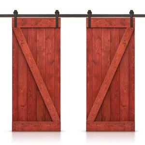 Z 64 in. x 84 in. Bar Series Cherry Red Stained DIY Solid Pine Wood Interior Double Sliding Barn Door with Hardware Kit
