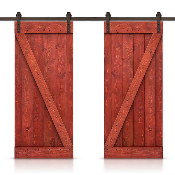 CALHOME Z 92 in. x 84 in. Bar Series Cherry Red Stained DIY Solid Pine Wood Interior Double Sliding Barn Door with Hardware Kit