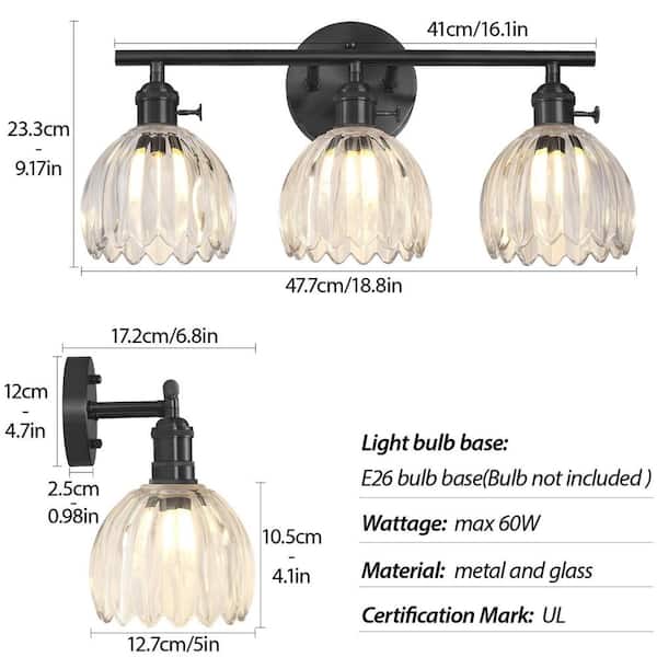 18.8 in. 3-Light Black Dimmable Bathroom Vanity Light, with Cear Glass Shades, for Living Room, Bedroom, Mirror, Hallway