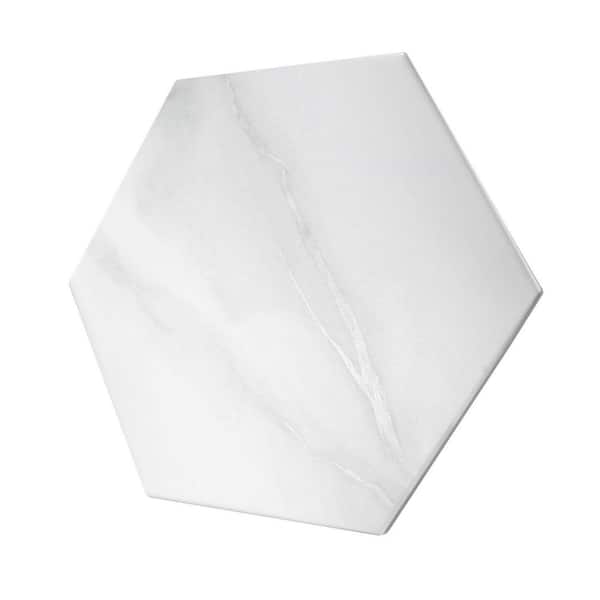 Porlan Benecia White 8-in. x 9-in. Hexagon Marble Look Matte Porcelain Floor and Wall Tile Sample