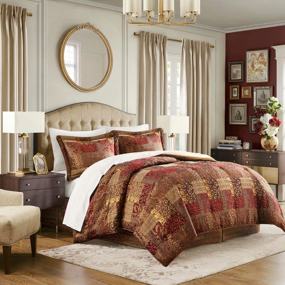 Queen Red Microfiber Patchwork Comforter Set with Shams and Bed Skirt